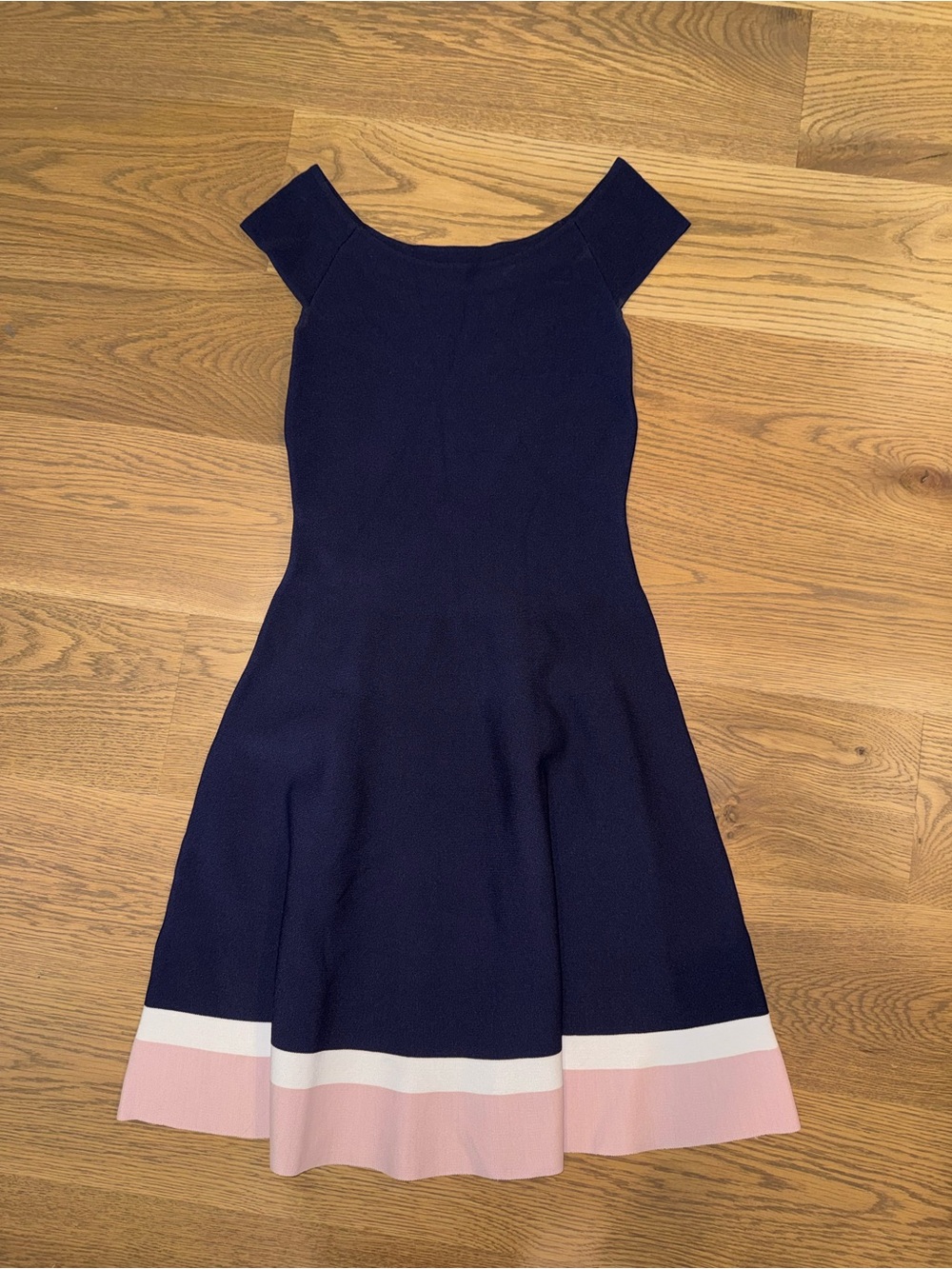 Eliza J Navy Fit & Flare Dress with Pink and White Hem